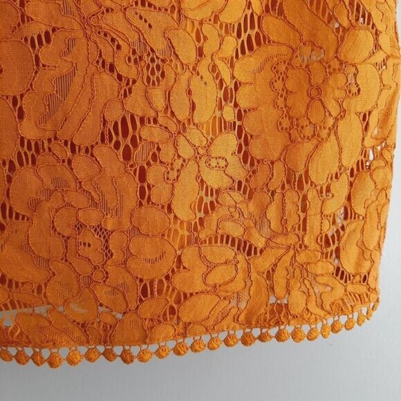 H&M / Floral Lace Pom-Pom Trim Long Sleeve Knee Length Dress Mustard Yellow Sz S - Picture 7 of 16